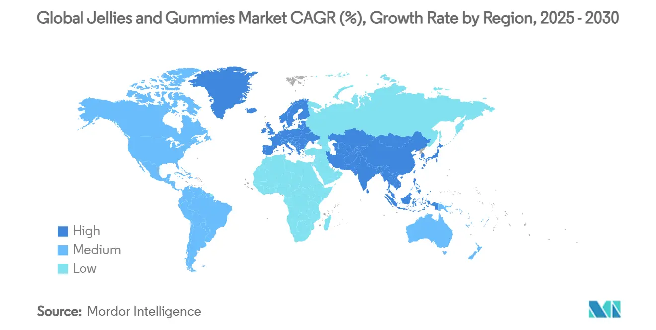 글로벌 젤리 및 구미 바카라사이트 기가 CAGR(%), 지역별 성장률