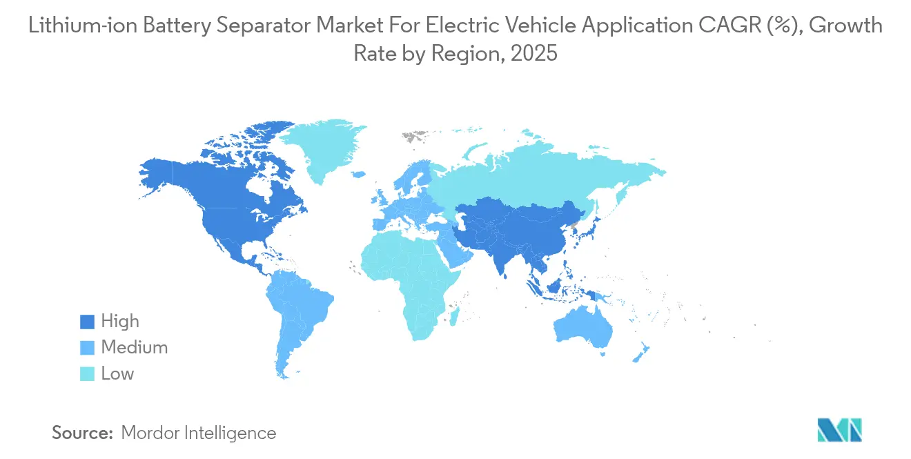 Lithium-ion Battery Separator Market For Electric Vehicle Application CAGR (%), Growth Rate by Region