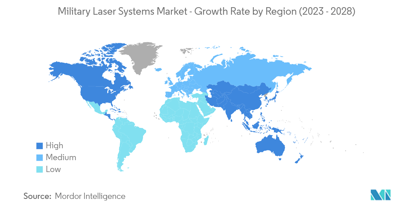  سوق أنظمة الليزر العسكرية - معدل النمو حسب المنطقة (2023 - 2028)