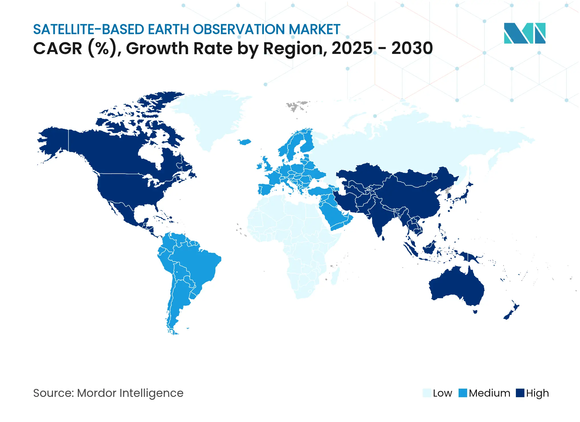 위성 기반 지구 관측 시장 CAGR(%), 지역별 성장률