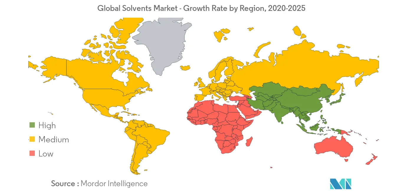 Мировой рынок растворителей - темпы роста по регионам, 2020-2025 гг.
