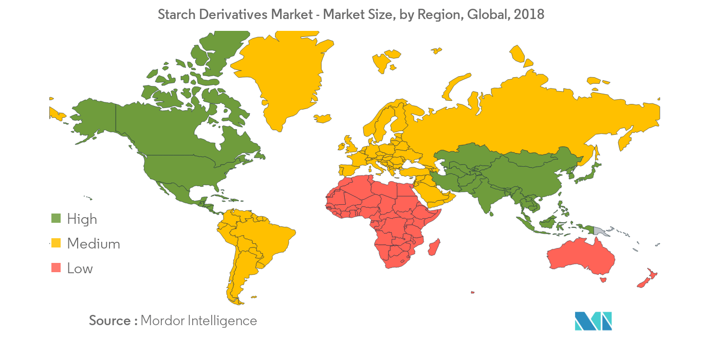 Mercado de derivados de almidón tamaño del mercado, por región, global, 2018