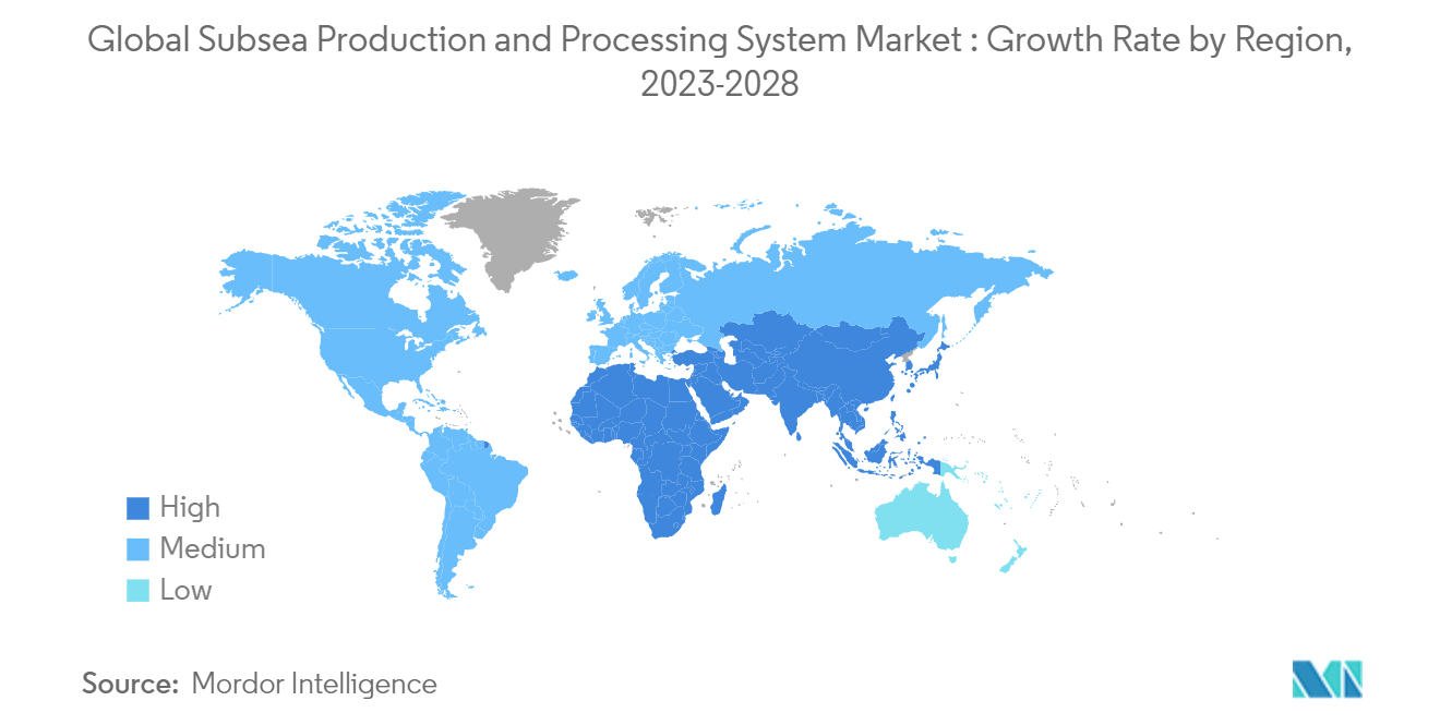 Mercado de sistemas de produção e processamento submarinos Mercado global de sistemas de produção e processamento submarinos Taxa de crescimento por região, 2023-2028