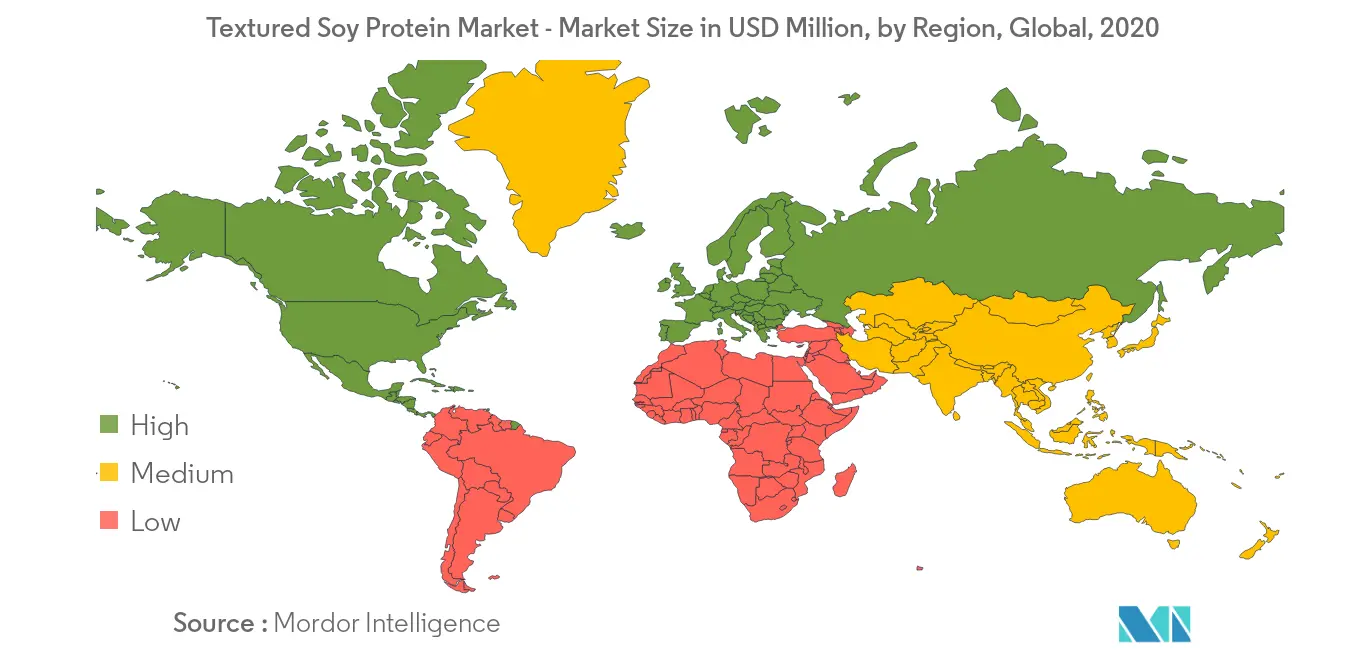 Mercado de Proteína Texturizada de Soja – Tamanho do Mercado em US$ Milhões, por Região, Global, 2020