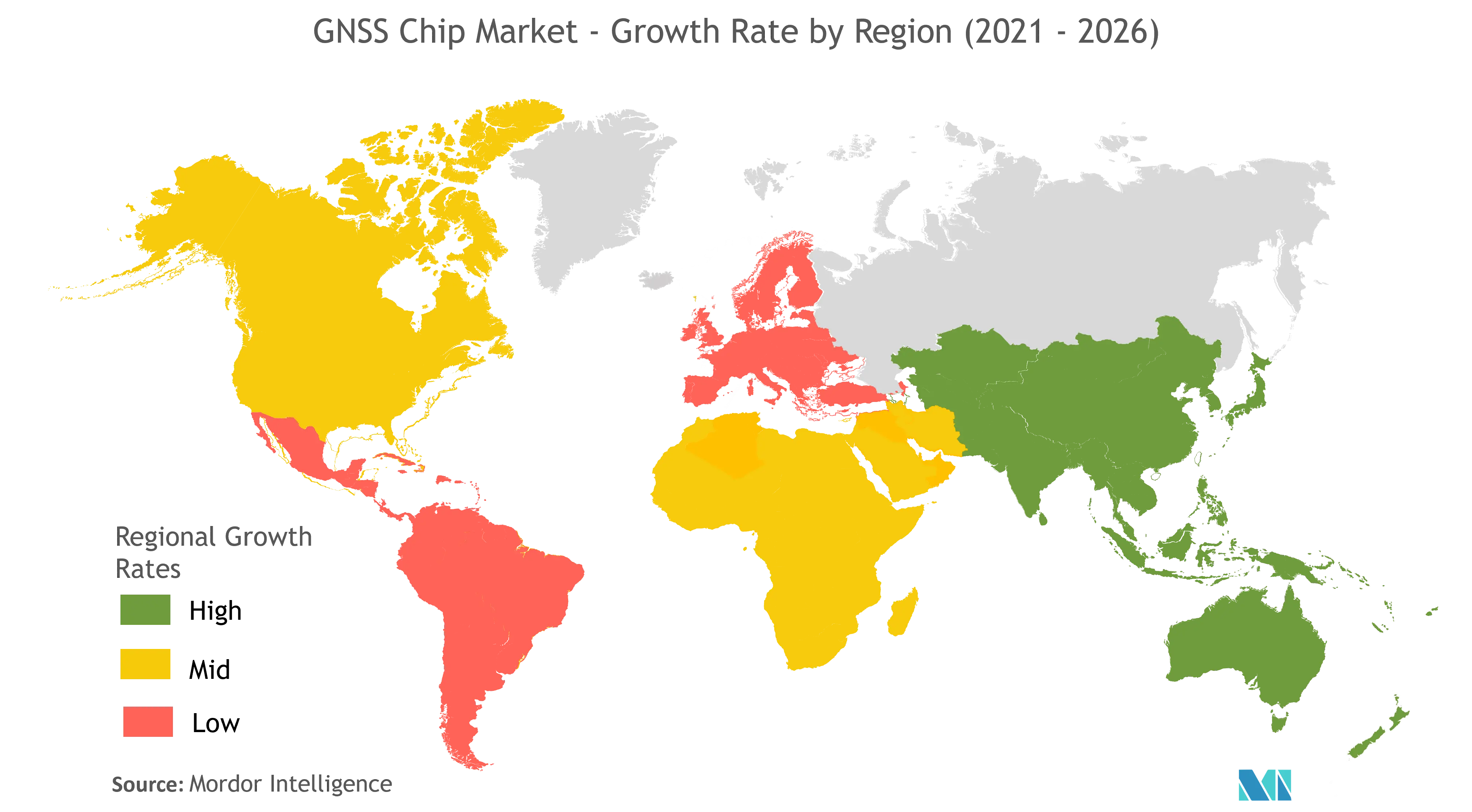 GNSS 芯片市场：按地区划分的增长率（2021-2026）