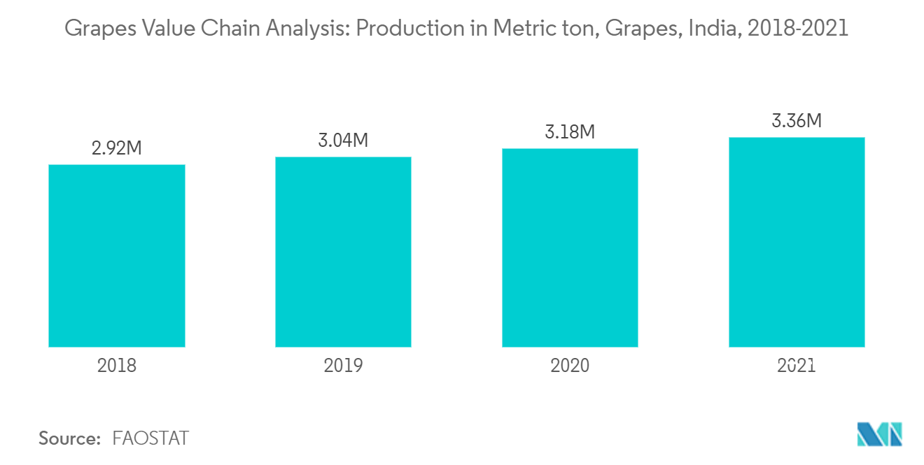 Markt für die Analyse der Wertschöpfungskette von Trauben – Produktion in Tonnen, Trauben, Indien, 2018–2021