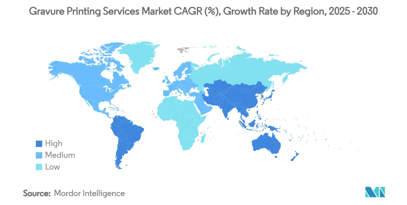 CAGR (%) del mercato dei servizi di stampa rotocalco, tasso di crescita per regione