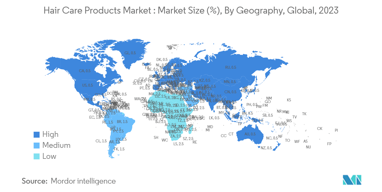 Hair Care Products Market : Market Size (%), By Geography, Global, 2023