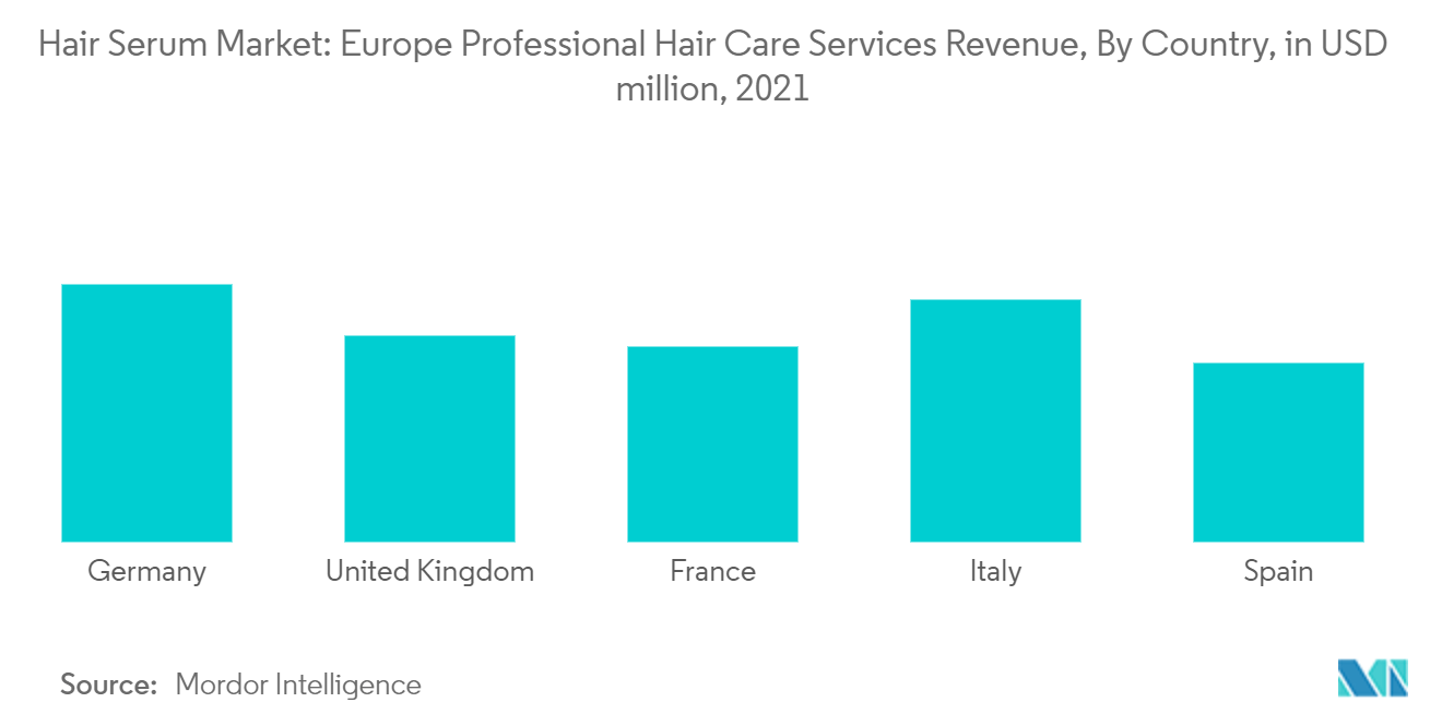 ヘアセラム市場欧州のプロフェッショナル向けヘアケアサービス売上高：国別（単位：百万米ドル、2021年