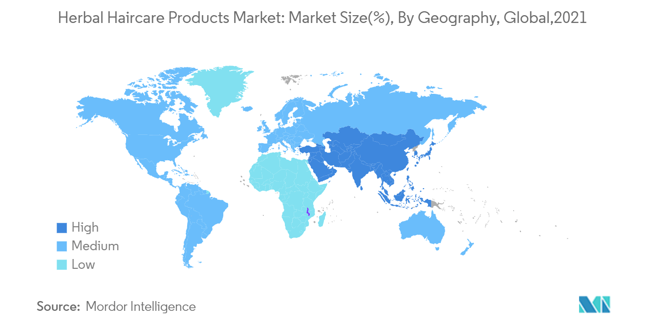 ハーバルヘアケア製品市場：市場規模(%)、地域別、世界、2021年