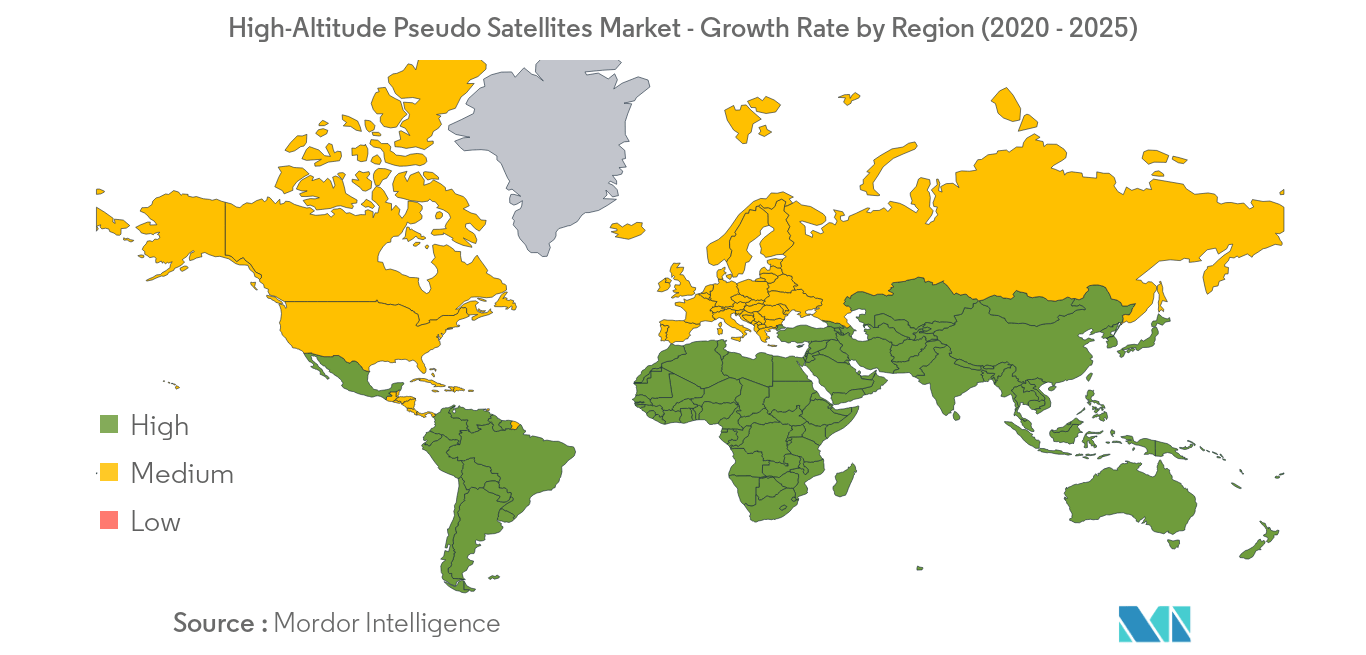 高高度疑似衛星市場：地域別成長率（2020-2025年）