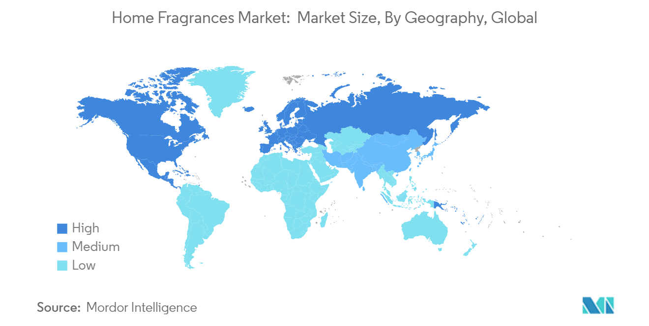 Рынок ароматов для дома доля рынка, в %, по географическому признаку, мировая, 2021 г.