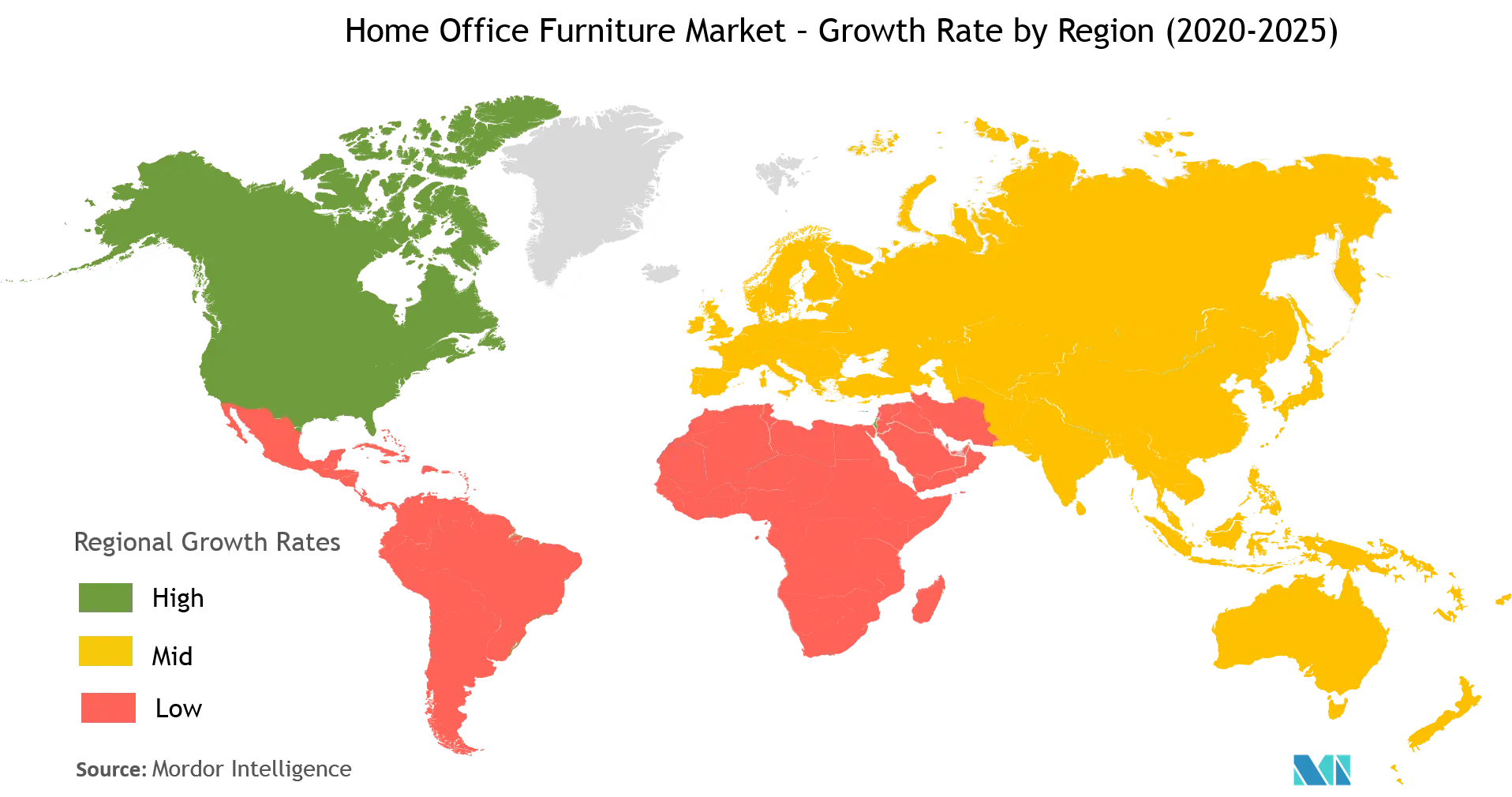 ホームオフィス家具の地域別市場成長率（2020-2025年）