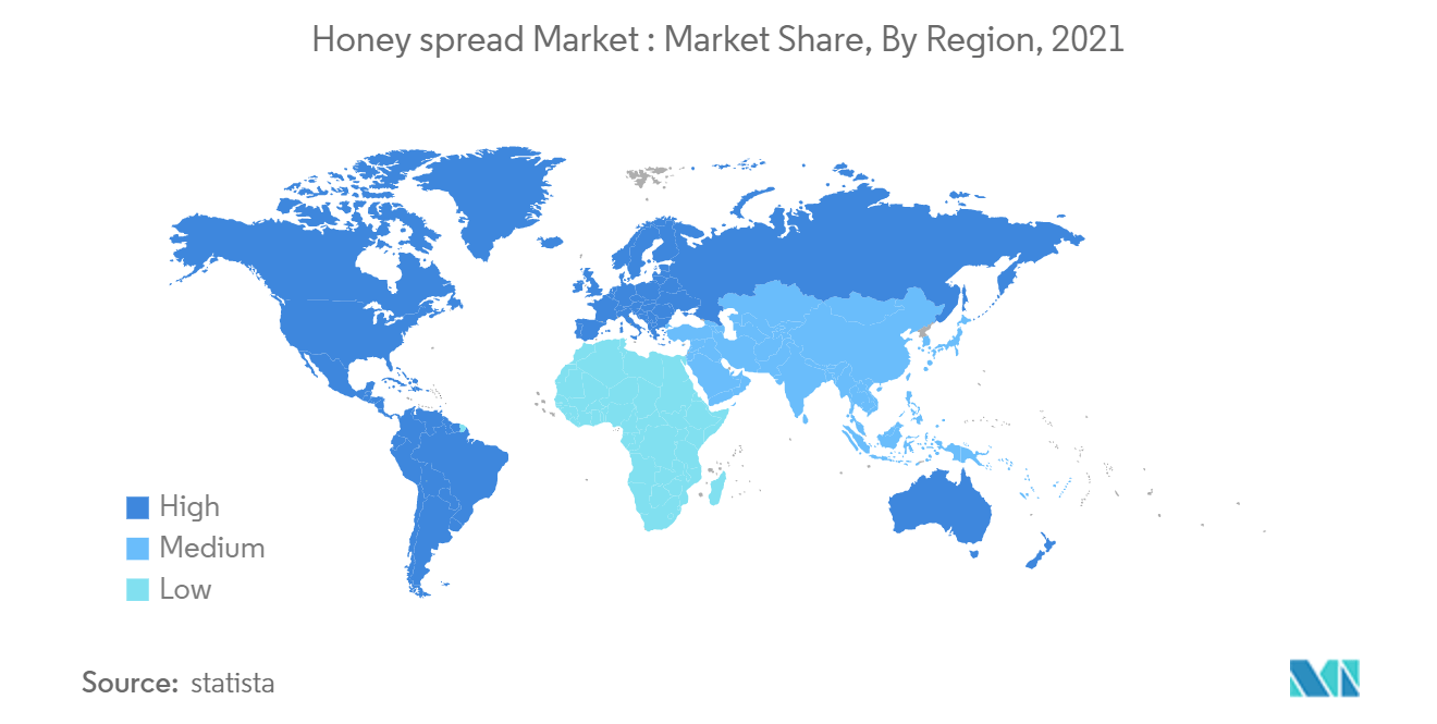 ハニースプレッド市場：地域別市場シェア、2021年