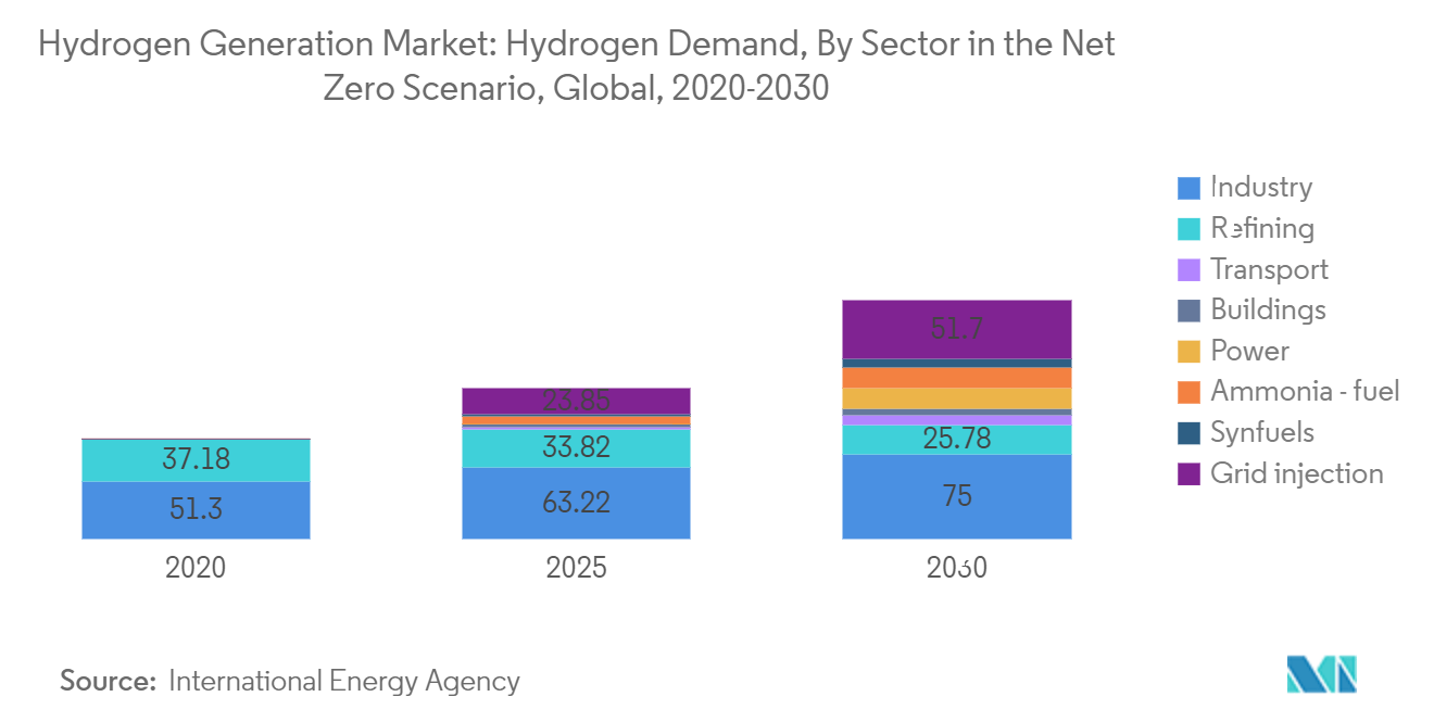 Hydrogen Generation Market : Hydrogen Demand, By Sector in the Net Zero Scenario, Global, 2020-2030