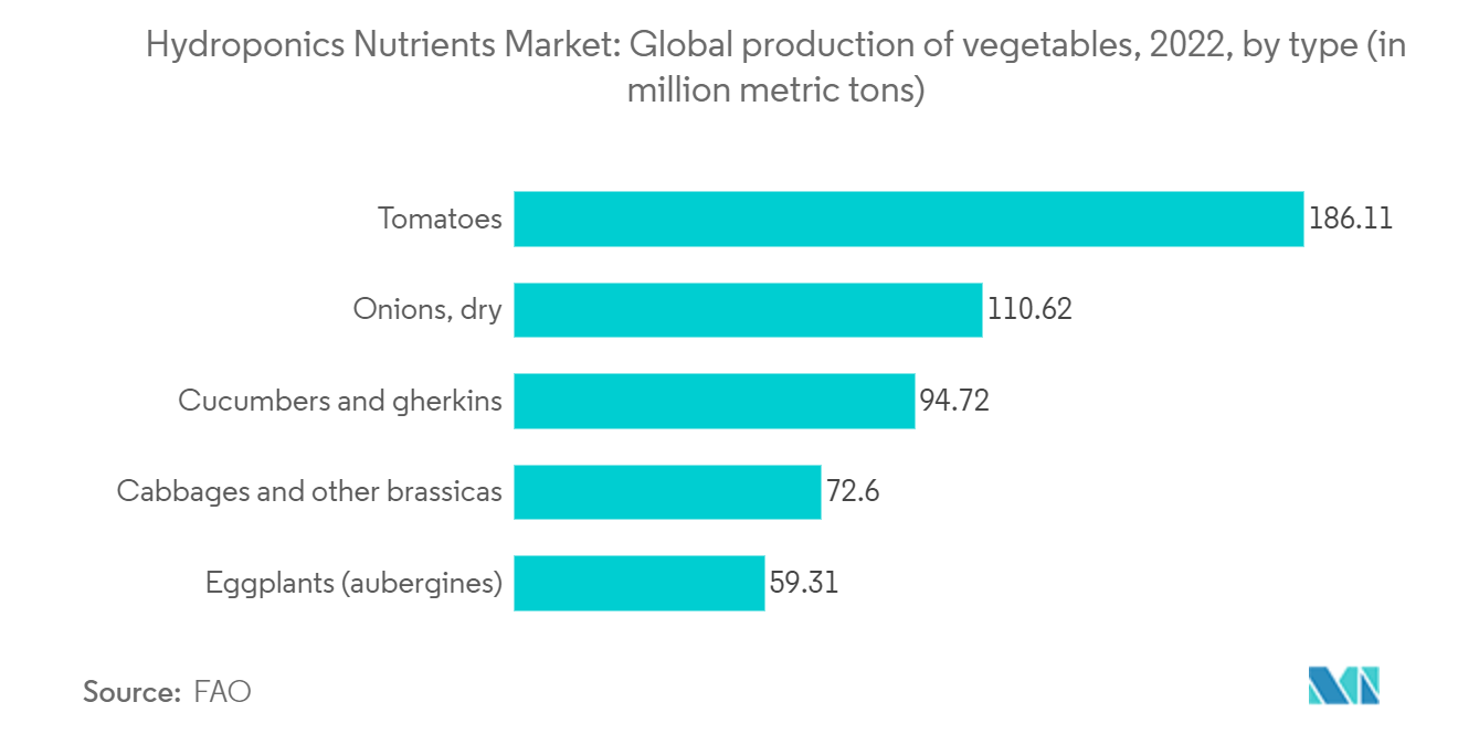 Hydroponics Nutrients Market: Global production of vegetables, 2022, by type (in million metric tons)