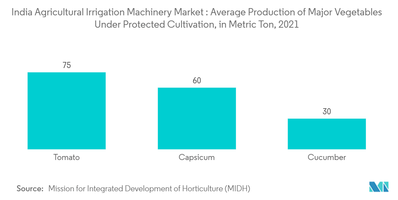 印度农业灌溉机械市场：受保护栽培的主要蔬菜的平均产量（公吨）（2021 年）