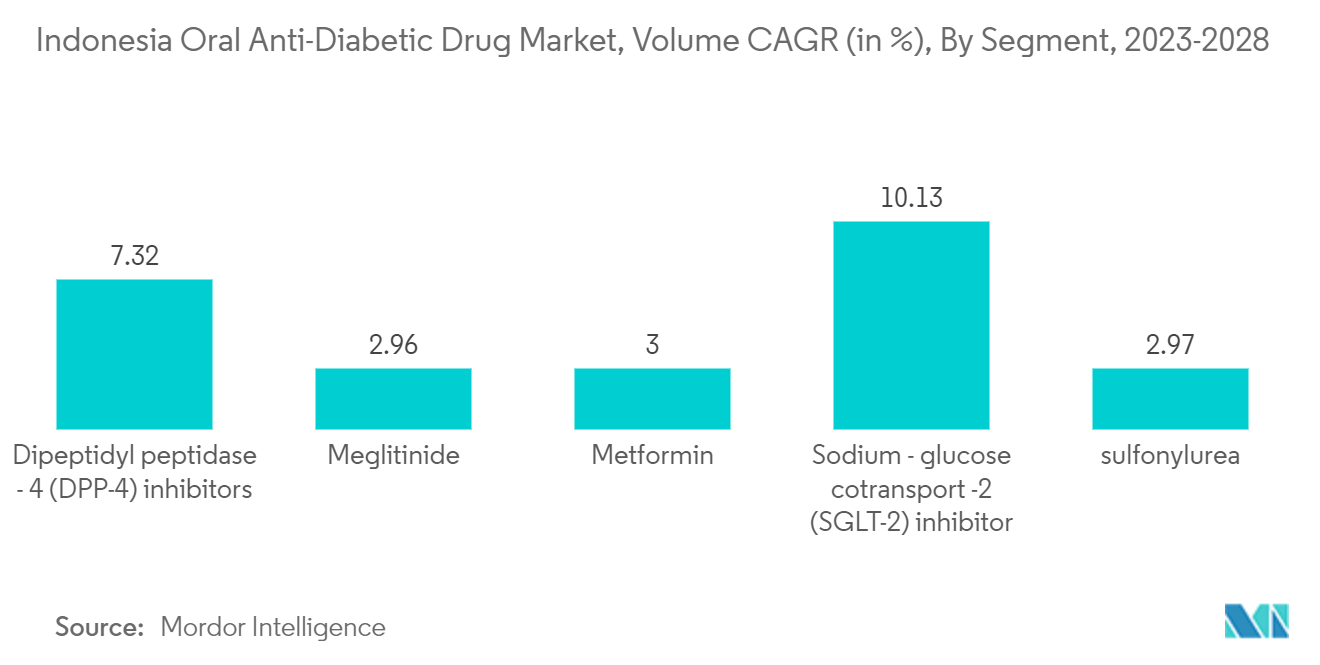 インドネシア経口糖尿病治療薬市場：セグメント別数量CAGR（%）：2023-2028年