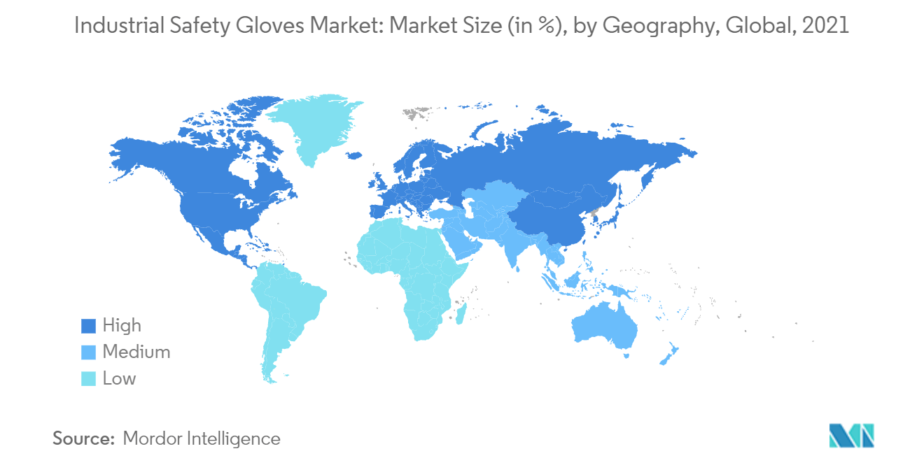 Mercado de guantes de seguridad industrial tamaño del mercado (en %), por geografía, global, 2021