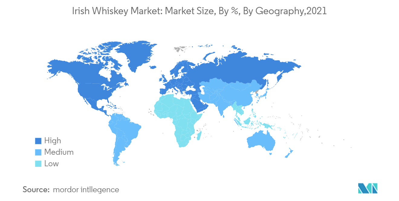 アイリッシュ・ウイスキー市場：2021年地域別市場規模、比率
