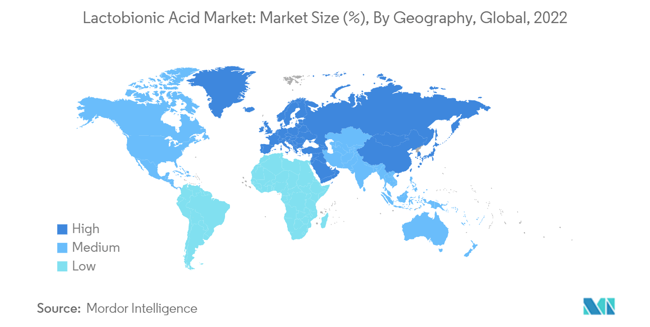 Mercado de Ácido Lactobiônico Tamanho do Mercado (%), Por Geografia, Global, 2022