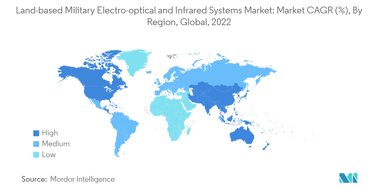 Рынок наземных военных электрооптических и инфракрасных систем среднегодовой темп роста рынка (%), по регионам, в мире, 2022 г.