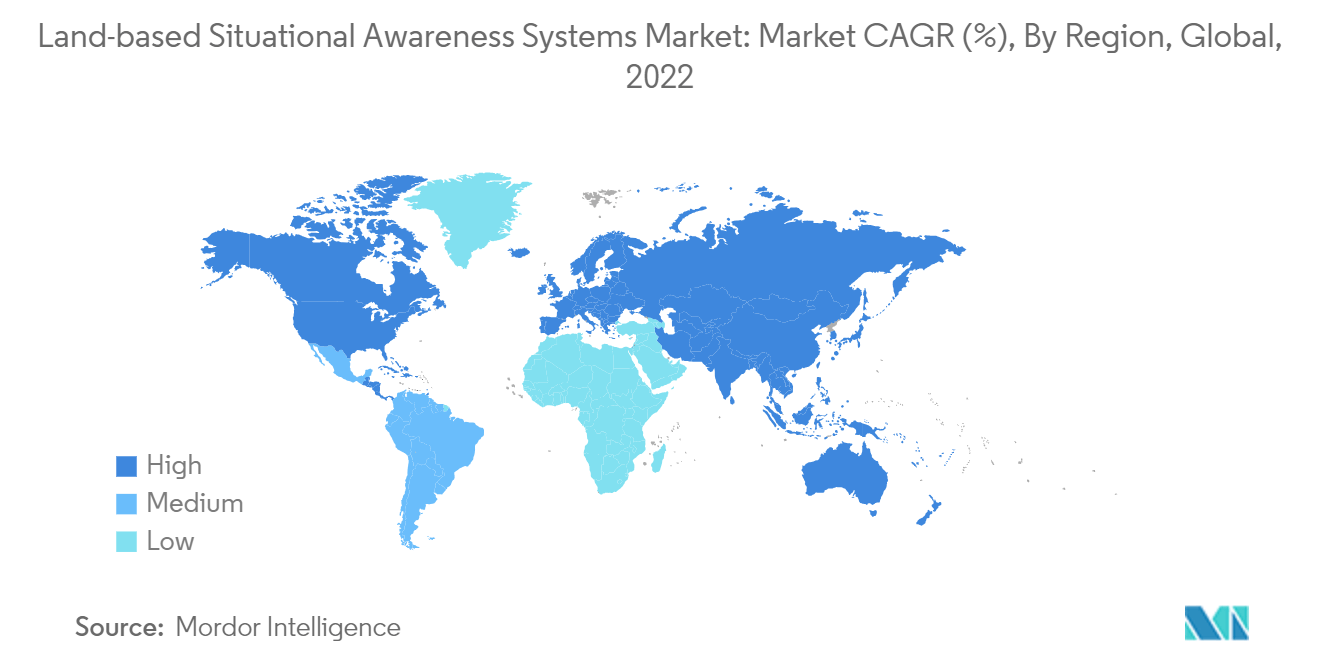 Рынок наземных систем ситуационной осведомленности среднегодовой темп роста рынка (%), по регионам, в мире, 2022 г.