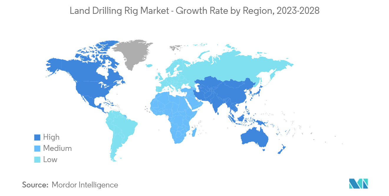 Рынок наземных буровых установок – темпы роста по регионам, 2023–2028 гг.