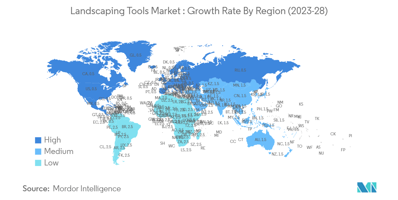 Thị trường công cụ cảnh quan Tốc độ tăng trưởng theo khu vực (2023-28)