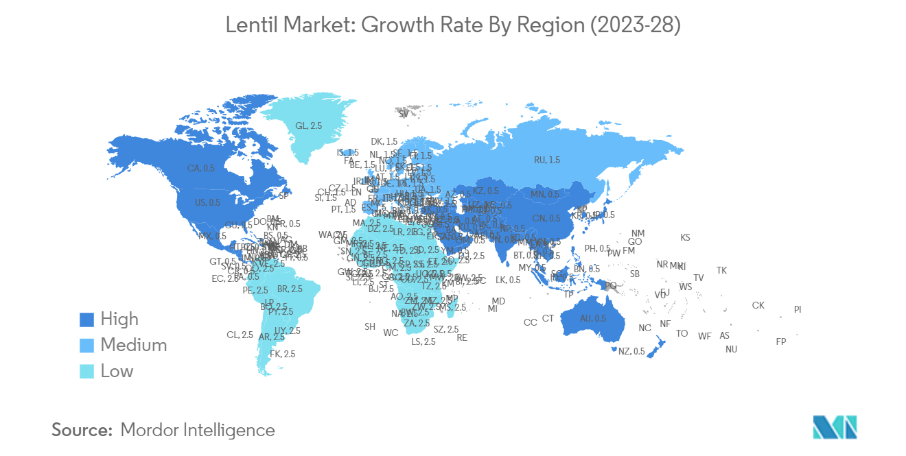 レンズ豆市場地域別成長率（2023-28年）