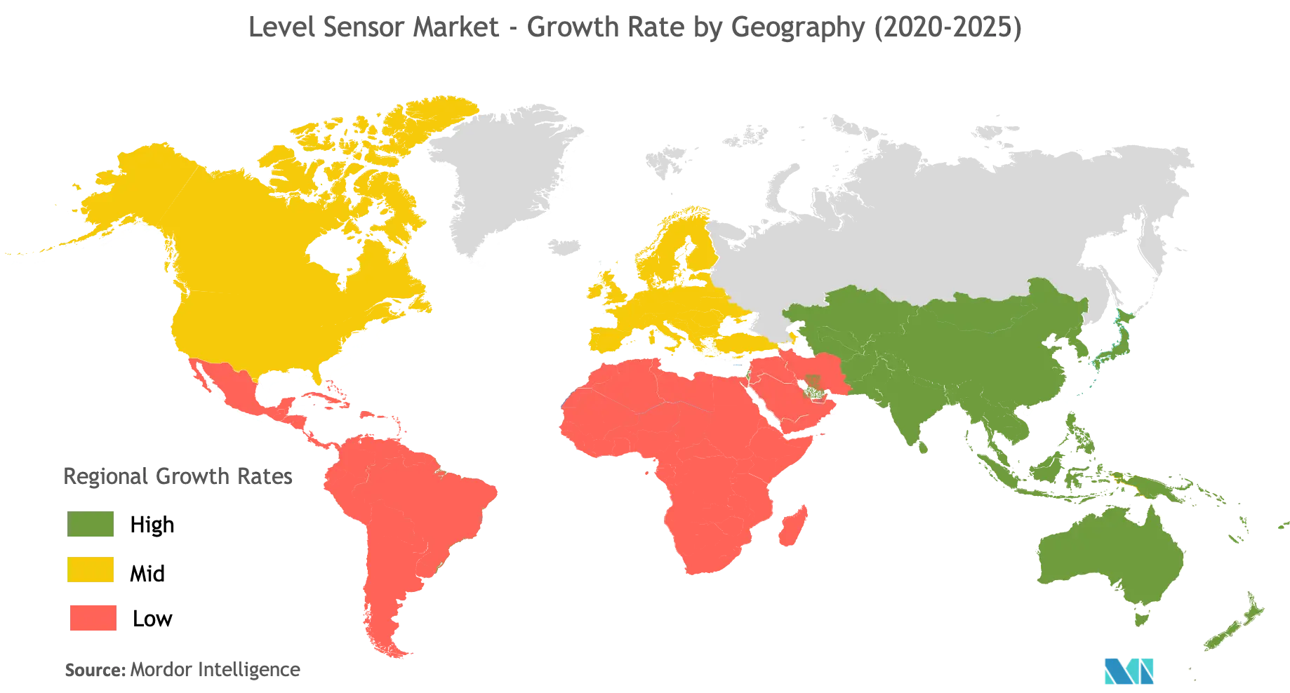 レベルセンサー市場-地域別成長率（2020年～2025年）