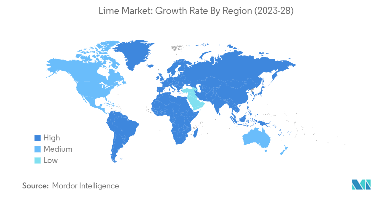 石灰市場：地域別成長率（2023-28年）