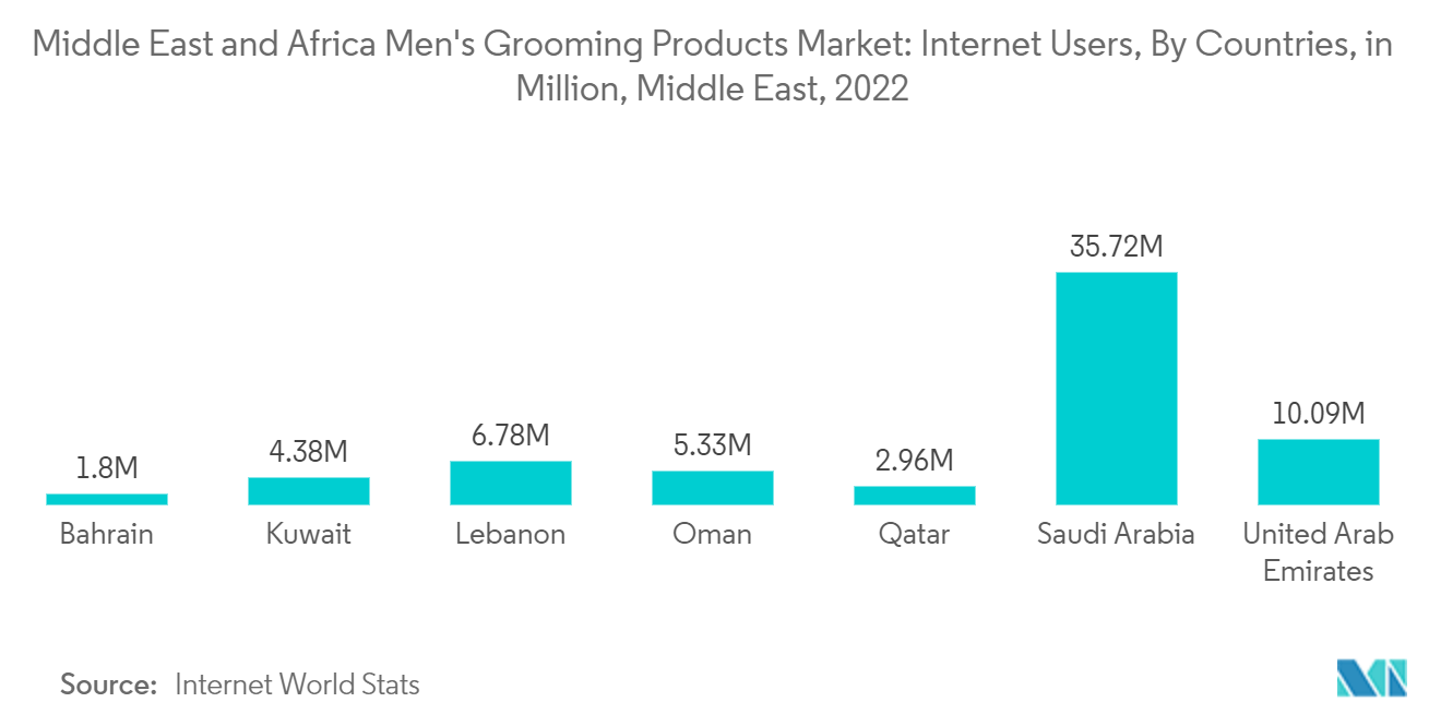 中东和非洲男士美容产品市场：按国家/地区划分的互联网用户（百万），中东，2022 年