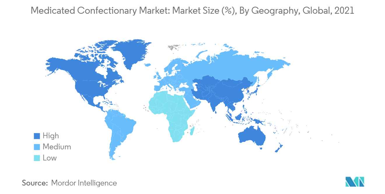 Markt für medizinische Süßwaren Markt für medizinische Süßwaren Marktgröße (%), nach Geografie, weltweit, 2021