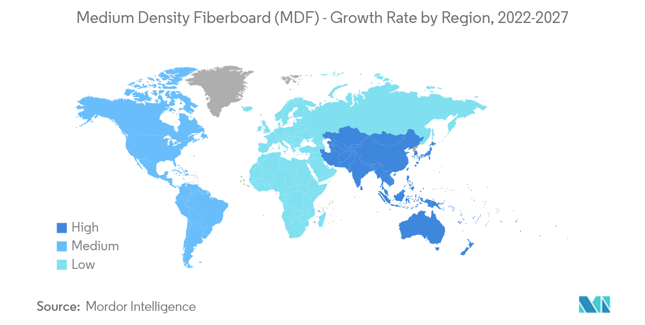 中密度纤维板 (MDF) 市场 - 按地区划分的增长率，2022-2027 年