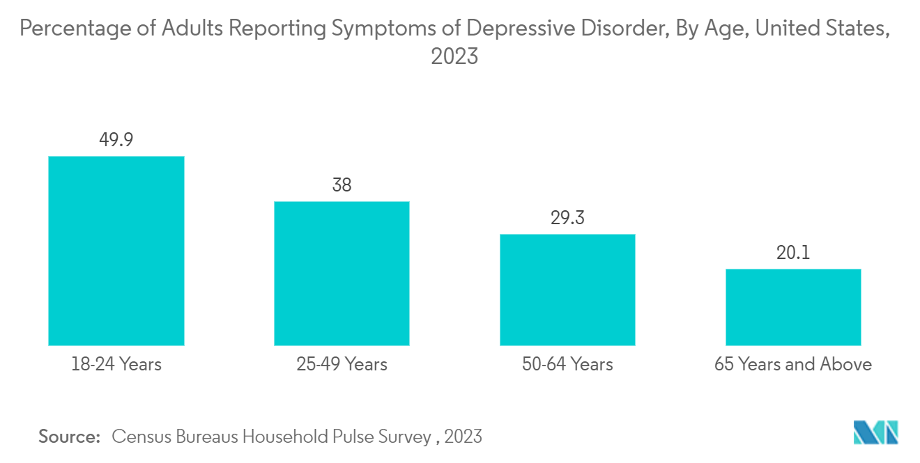 정신 건강 시장: 우울증 장애 증상을 보고하는 성인 비율(연령별, 미국, 2023년)