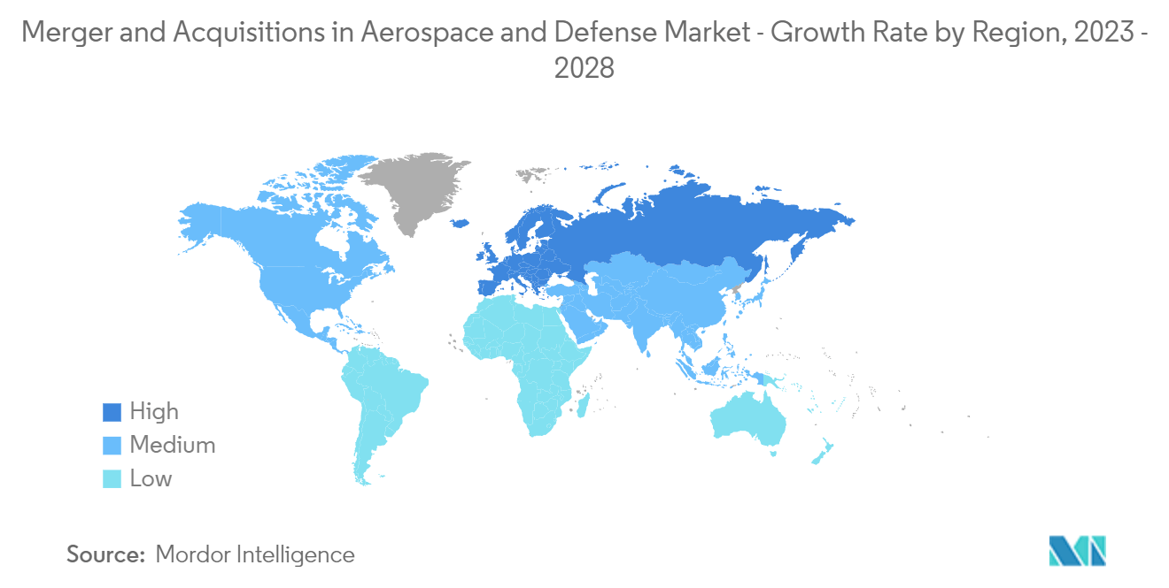 عمليات الاندماج والاستحواذ (MA) في سوق الطيران والدفاع عمليات الاندماج والاستحواذ في سوق الطيران والدفاع - معدل النمو حسب المنطقة، 2023-2028