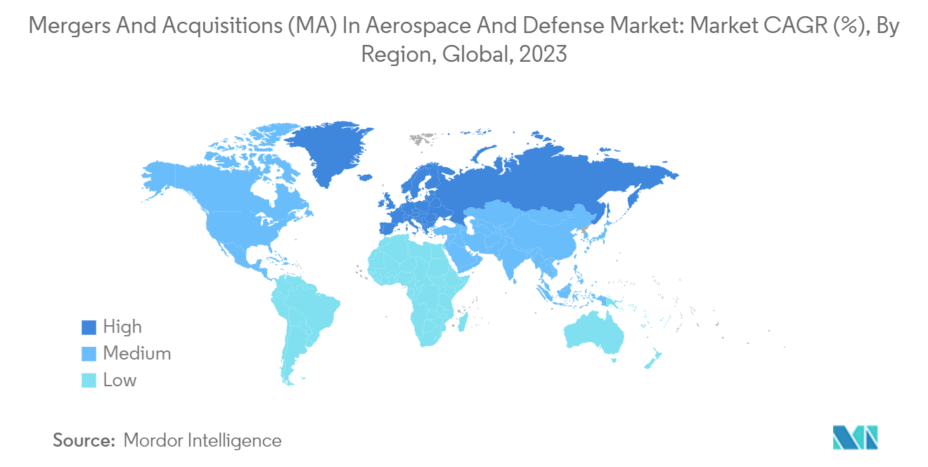 항공우주 및 방위 시장의 인수합병(M&A): 시장 CAGR(%), 지역별, 글로벌, 2023