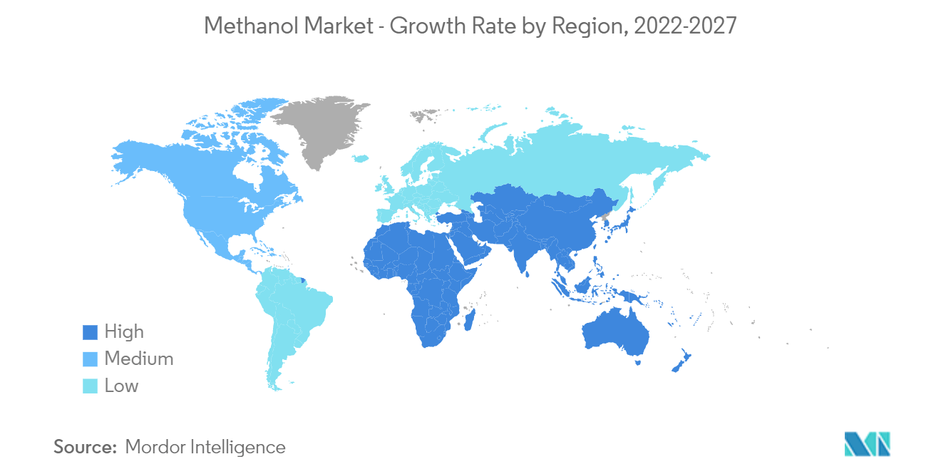 Рынок метанола - темпы роста по регионам, 2022-2027 гг.