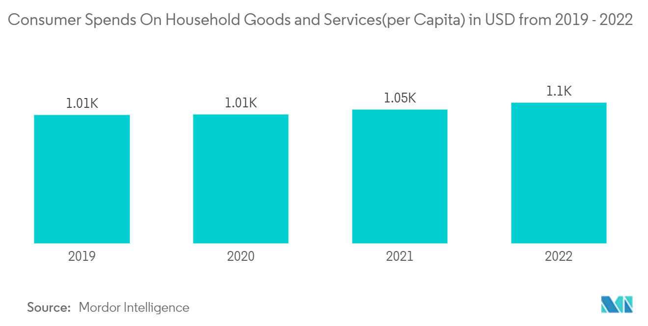 墨西哥洗衣机市场：2019 - 2022 年消费者在家庭用品和服务上的支出（人均）（美元）