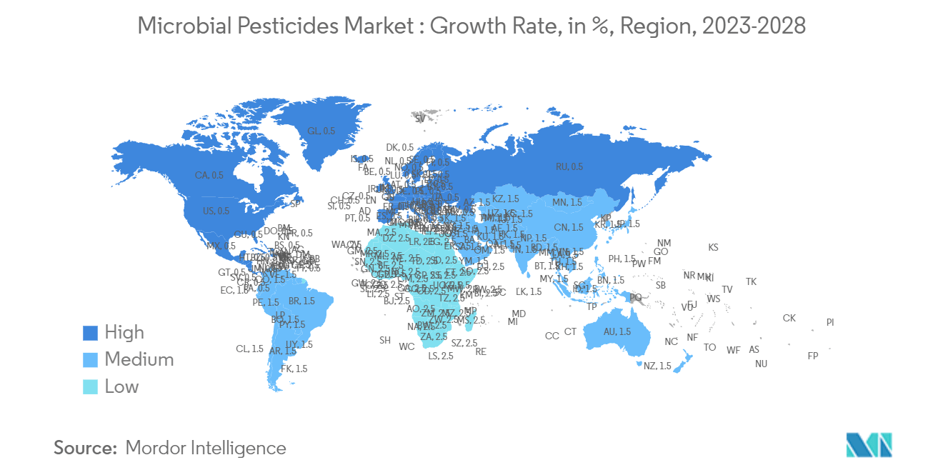 Markt für mikrobielle Pestizide Wachstumsrate, in %, Region, 2023-2028