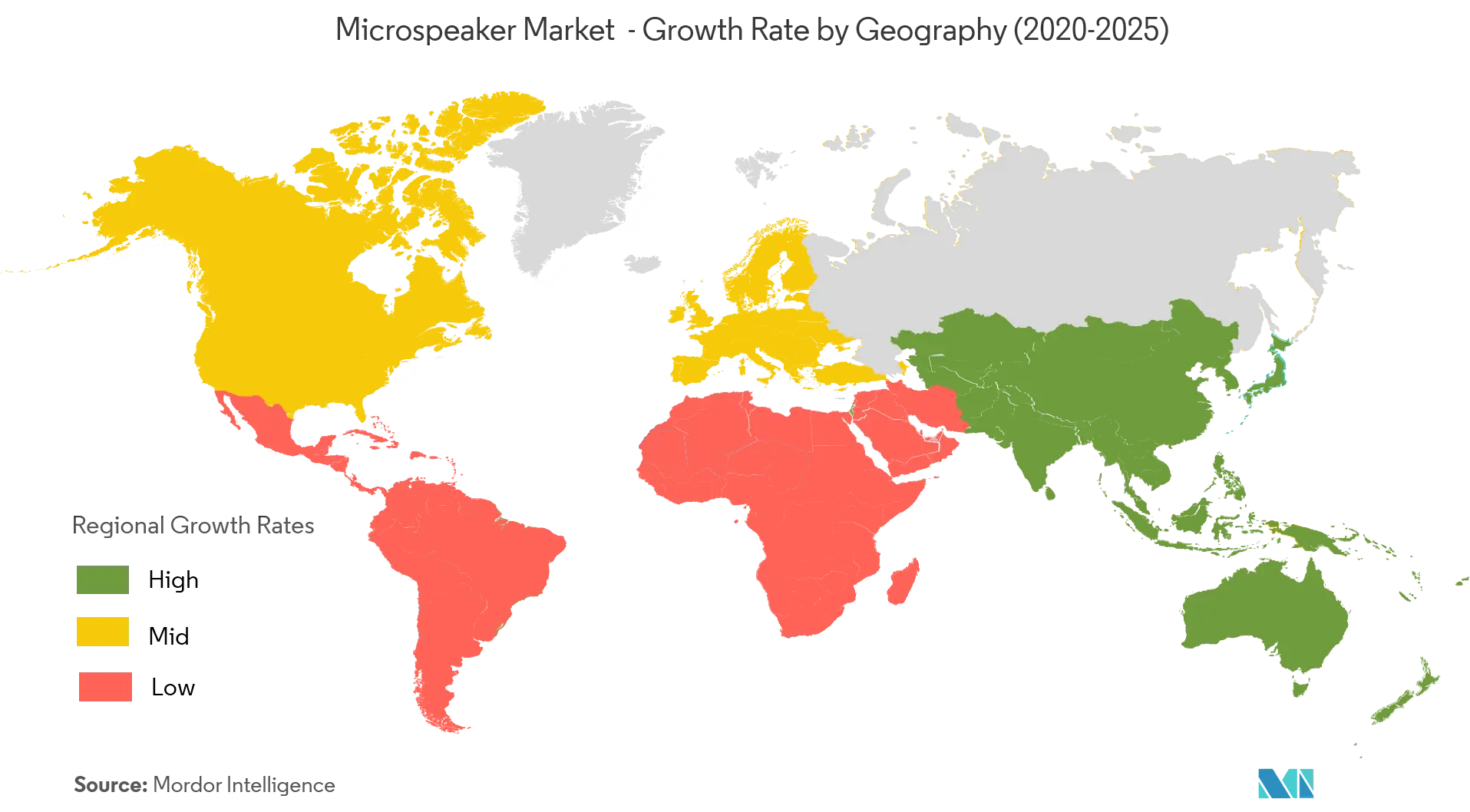 Рынок микродинамиков – темпы роста по географии (2020–2025 гг.)