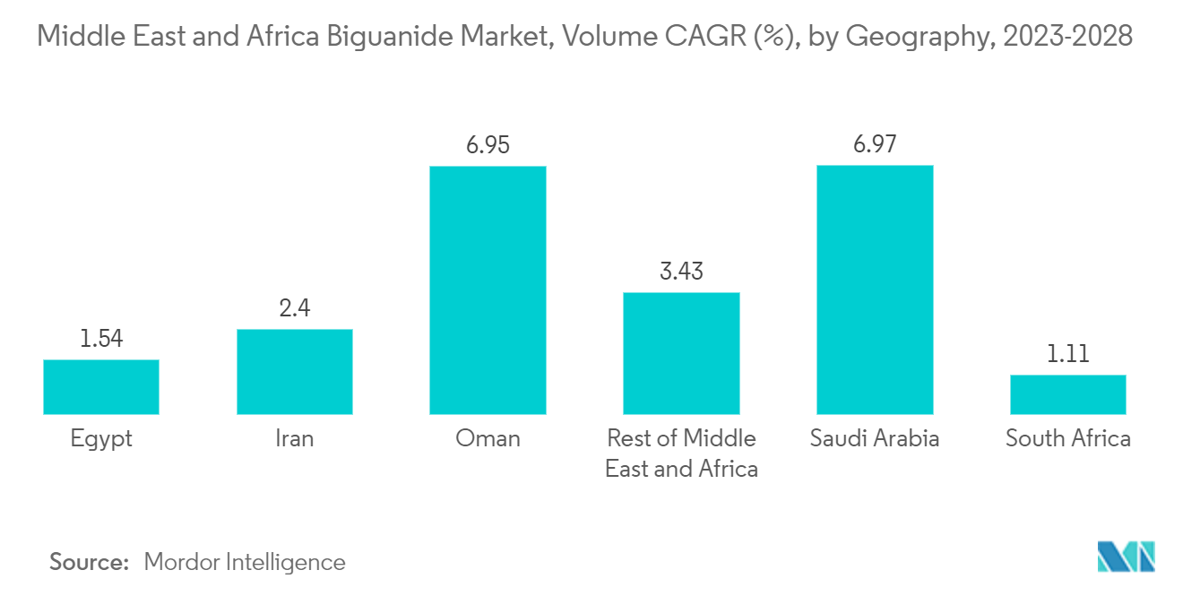 中東およびアフリカのビグアナイド市場：地域別数量CAGR（%）：2023-2028年