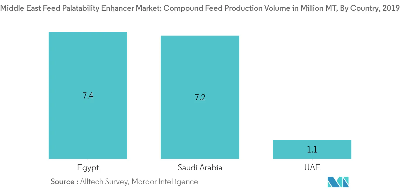 Middle East Feed Palatability Enhancer Market, Compound Feed Production Volume in Million MT, By Country, 2019