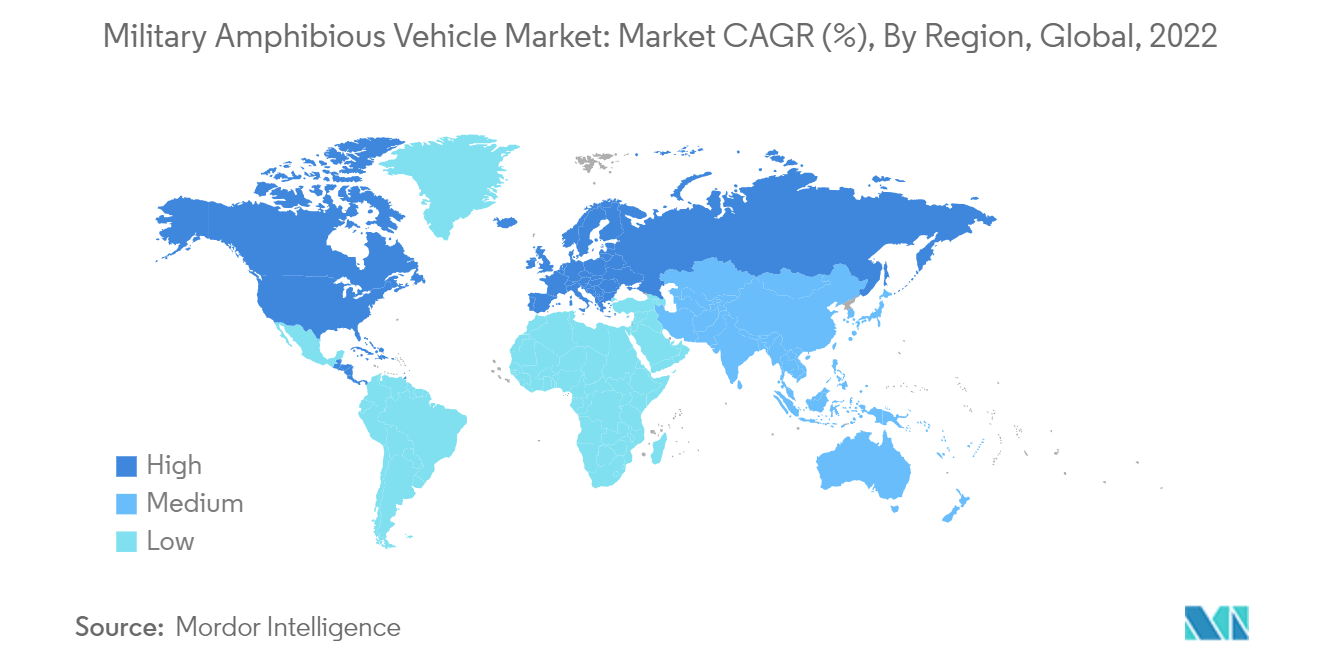 Рынок военных амфибийных автомобилей среднегодовой темп роста рынка (%), по регионам, глобальный, 2022 г.