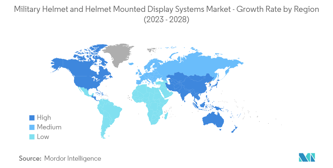 Рынок военных касок и систем отображения на шлемах Рынок военных касок и систем отображения на шлемах - темпы роста по регионам (2023–2028 гг.)