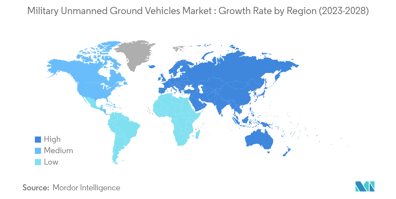 Marché des véhicules terrestres militaires sans pilote  Marché des véhicules terrestres militaires sans pilote  taux de croissance par région (2023-2028)