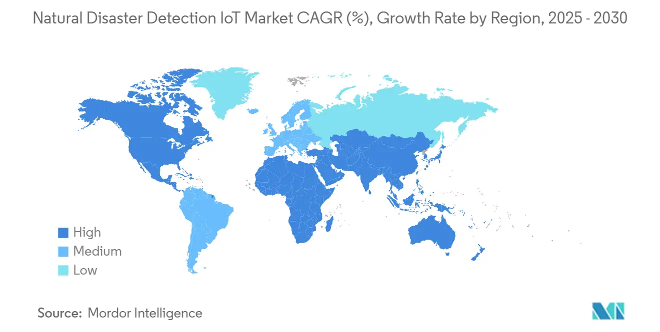 자연재해 감지 IoT 바카라 토토 CAGR(%), 지역별 성장률