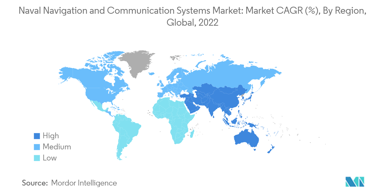海军导航和通信系统市场：海军导航和通信系统市场：市场复合年增长率 (%)，按地区，全球，2022 年