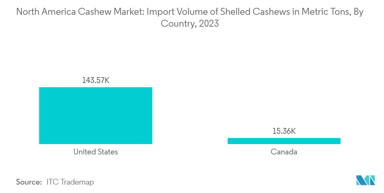 North America Cashew Market: Import Volume of Shelled Cashews in Metric Tons, By Country, 2023